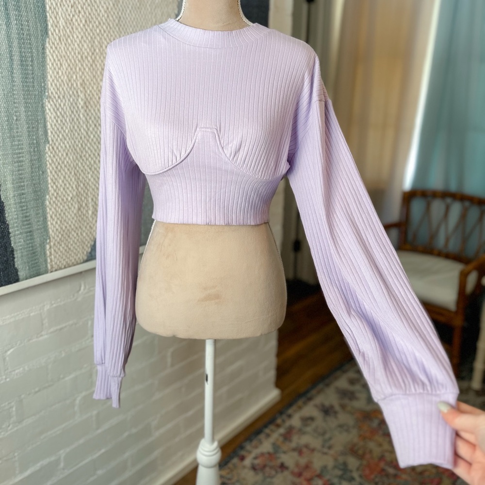 NWT Sabo Skirt Lavender Ribbed Boned Structure Balloon Sleeve Sweater